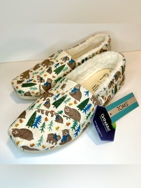 TOMS-Alpargata-Oatmeal Woodland Bears Heathered Knit/Faux Fur-Size 8.5-Box-NWT